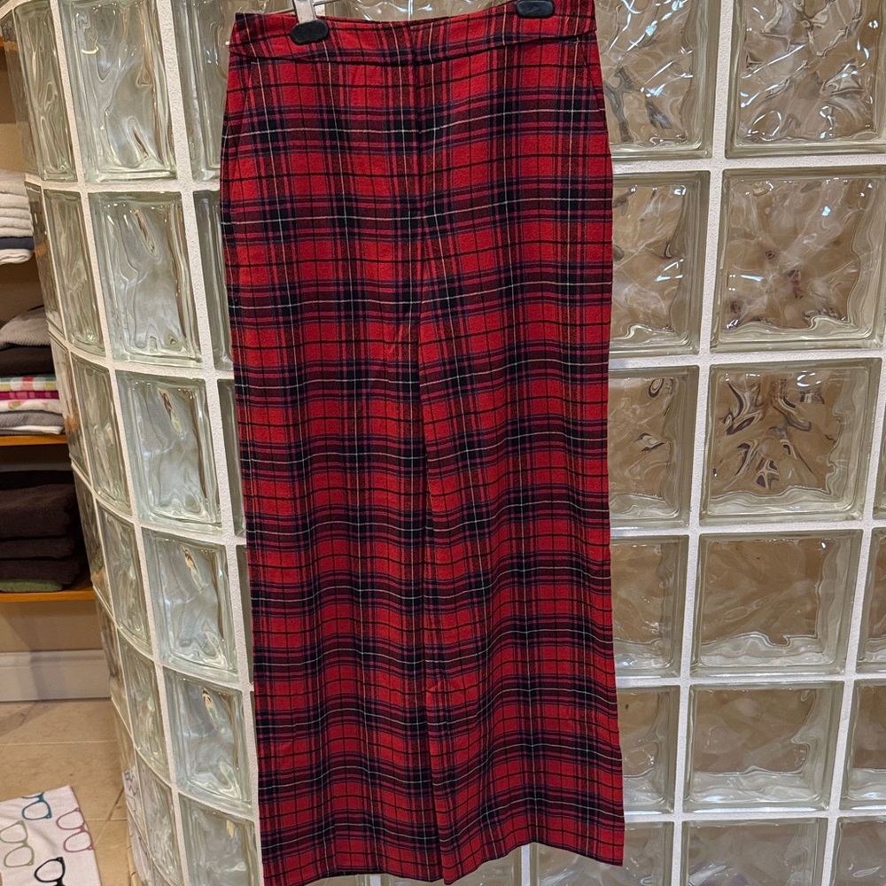 Boden red tartan wide leg wool pants